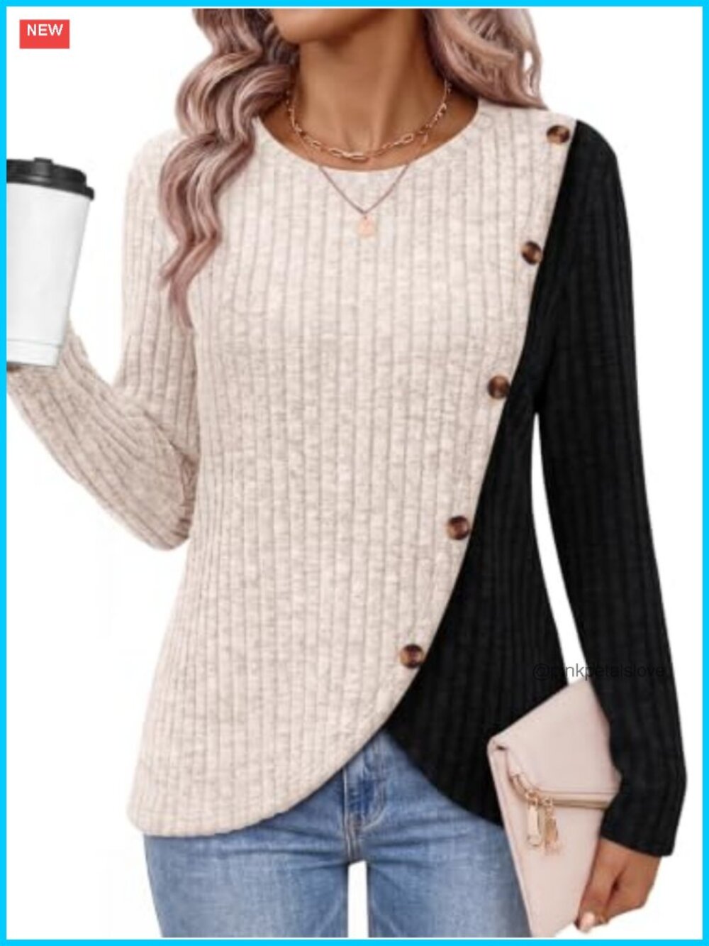 Women's Long Sleeve Diagonal Button Tunic Top Slim Fit Knit Blouse